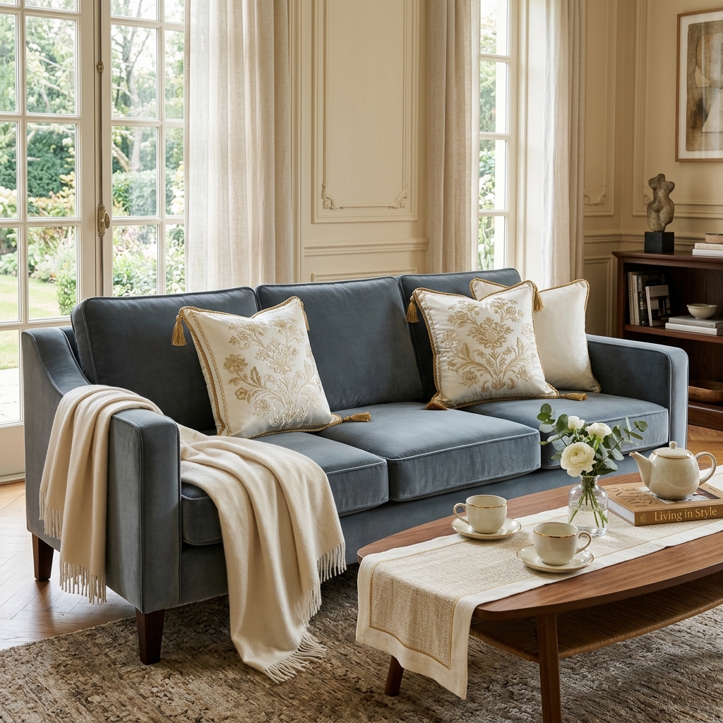 Avitul Living premium sofa with custom embroidered cushions